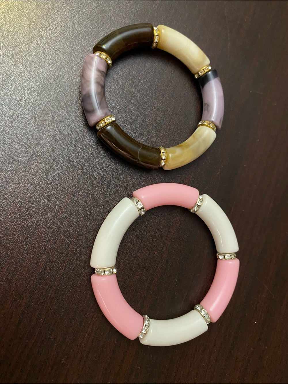 Handmade vintage style Pink and White Bracelet Bangle with Gold Accents